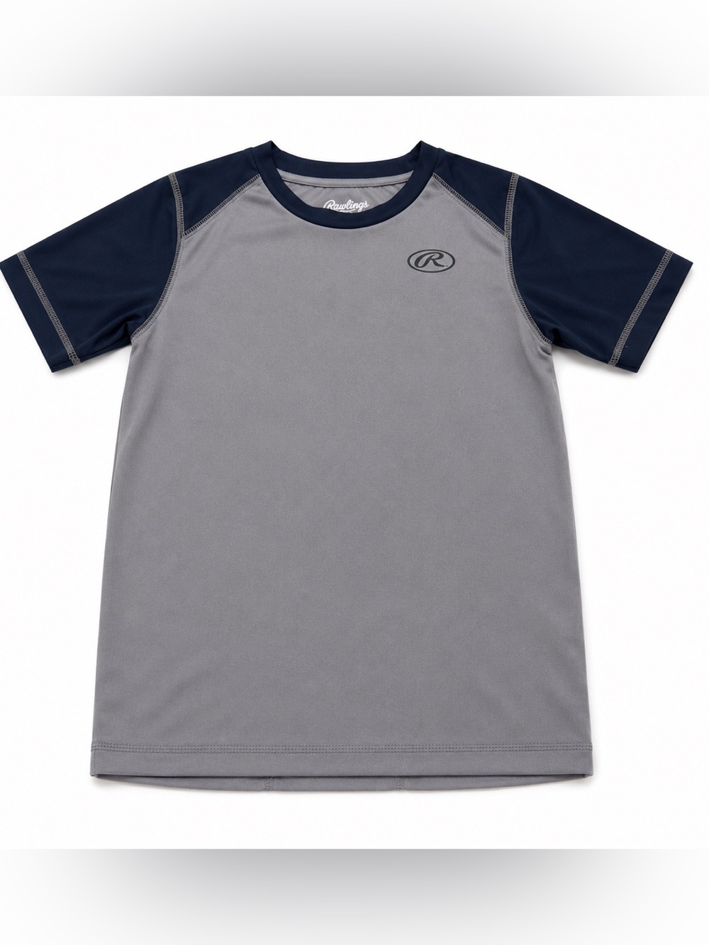 Rawlings Youth Small Baseball Performance Shirt Gray Navy Athletic Short Sleeve